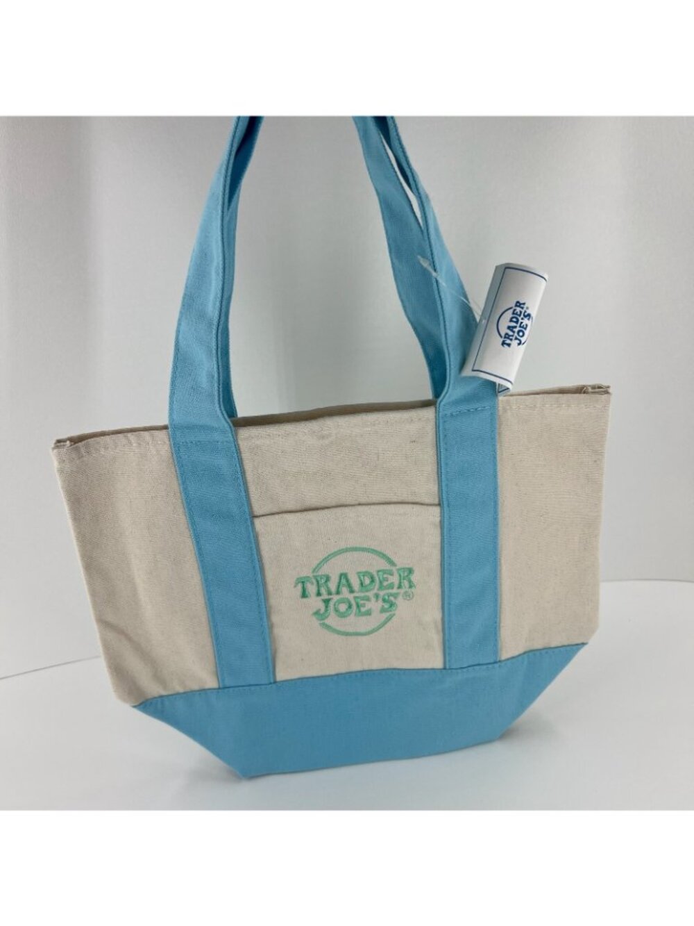 Trader Joes Mini Pastel Canvas Tote Bag Women Grocery Shopper Handbag Blue Beige - Picture 3 of 12